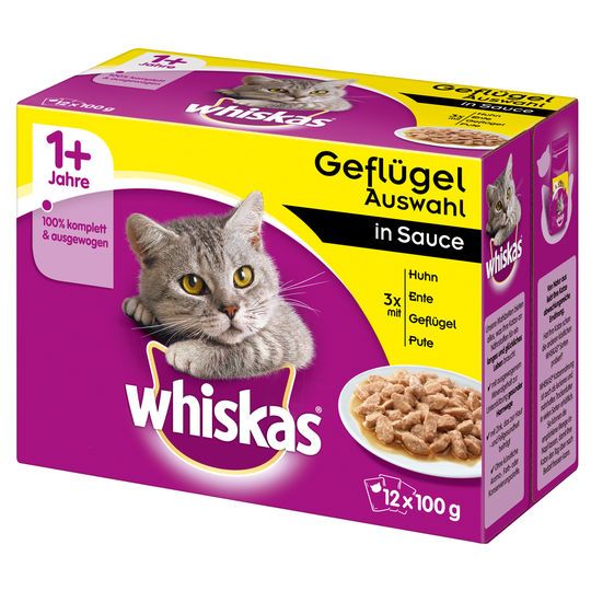 Whiskas 1+ Adult Pouches 12 x 100 g - siipikarjavalikoima kastikkeessa