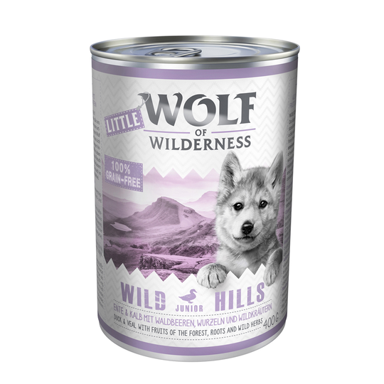 Little Wolf of Wilderness -säästöpakkaus 12 x 400 g - Wild Hills Junior - ankka & vasikka