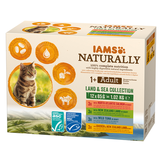36 + 12 kaupan päälle! 48 x 85 g IAMS-kissanruokaa - Naturally Adult: Land & Sea Collection