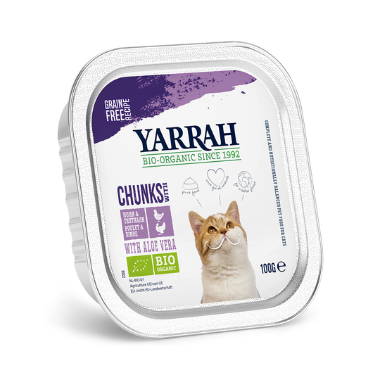 Yarrah Organic 6 x 100 g: 5 + 1 kaupan päälle! - Chicken Chunks: luomukana & luomukalkkuna ja luomu- aloe vera