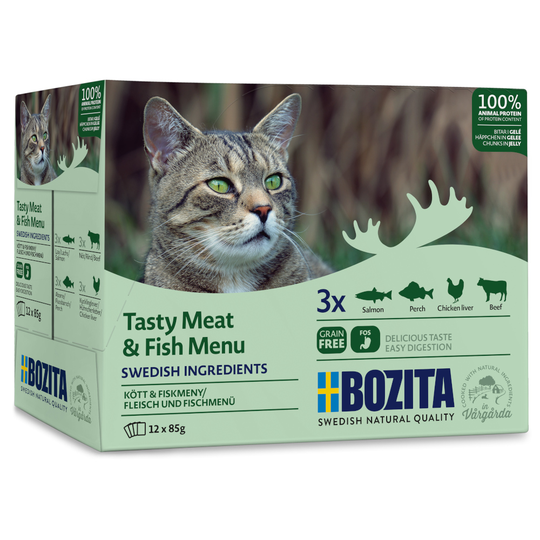 Bozita Chunks in Jelly Pouch 12 x 85 g - kala- ja lihalajitelma