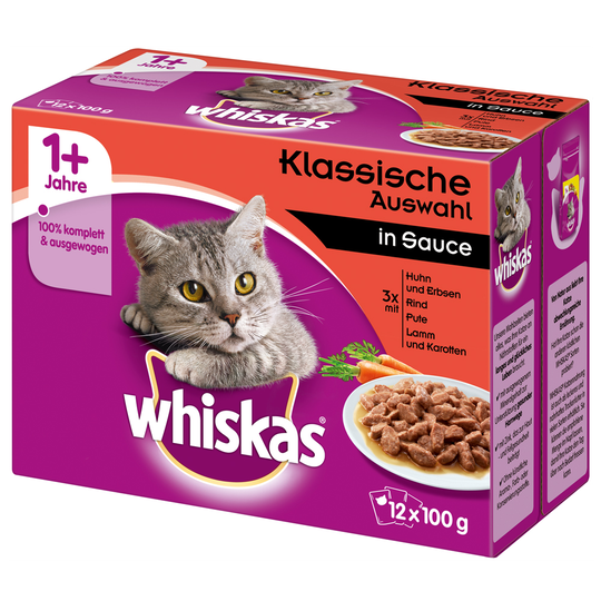 Whiskas 1+ Adult Pouches 12 x 100 g - perinteinen kastikevalikoima