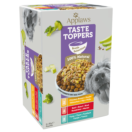 3 x 85 g kaupan päälle! 6 x 85 g Applaws Taste Toppers - liemilajitelma