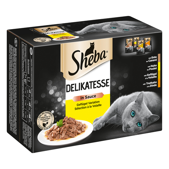 Sheba-annospussilajitelma säästöpakkauksessa 144 x 85 g - Delicacies in Sauce, siipikarjalajitelma