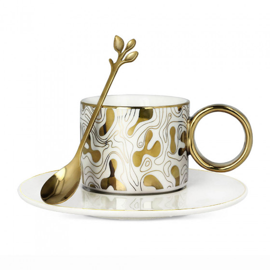 Kuppi lautasella ja lusikalla Homla "NILA White & Gold", 150 ml