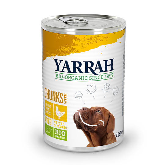 12 x 380 g/400 g/405 g/820 g Yarrah Bio -märkäruoka: 9 + 3 kaupan päälle! - Bio kanaa, nokkosta & tomaattia kastikkeessa (12 x 405 g)