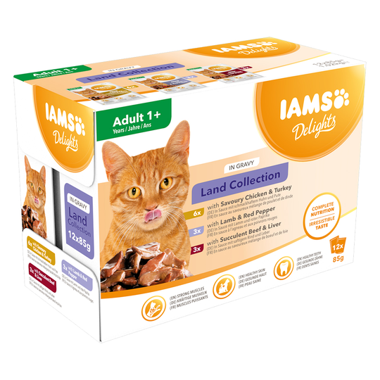 36 + 12 kaupan päälle! 48 x 85 g IAMS-kissanruokaa - Delights Adult: Land Mix in Sauce