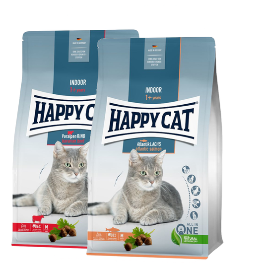 Happy Cat Indoor -yhteispakkaus 2 x 4 kg - Bavarian Beef & Atlantic Salmon