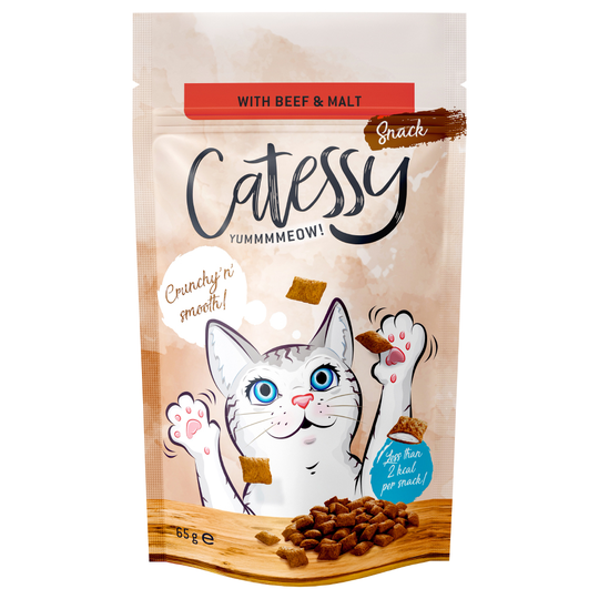 Catessy Snacks -säästöpakkaus 3 x 65 g - antihairball - nauta & mallas